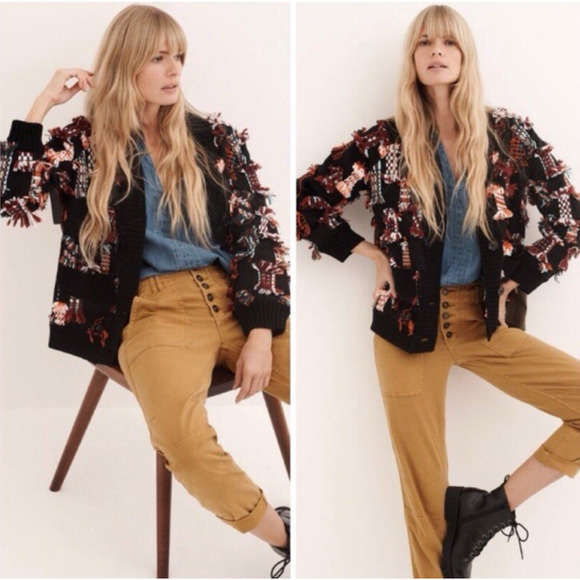 Anthropologie Sweater Size Medium Othilia Cardigan Felia Fringe Puff Sleeve - Picture 2 of 13